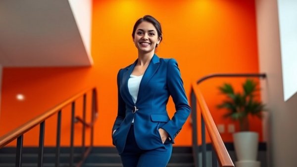 Confident woman in blue blazer smiling against orange wall, Gaslighting in the Workplace.