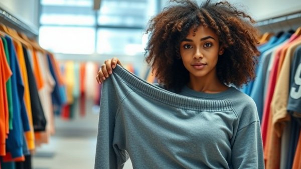 Young seller demonstrating clothing in boutique; Poshmark sales tax obligations.