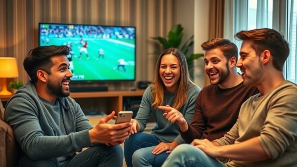 Young adults checking sports betting results during a football game.