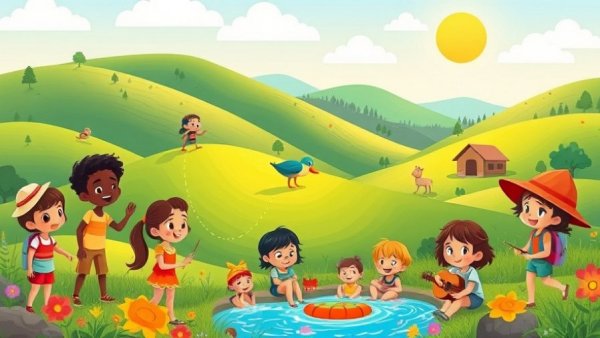 Colorful cartoon of kids at summer camp with various activities.
