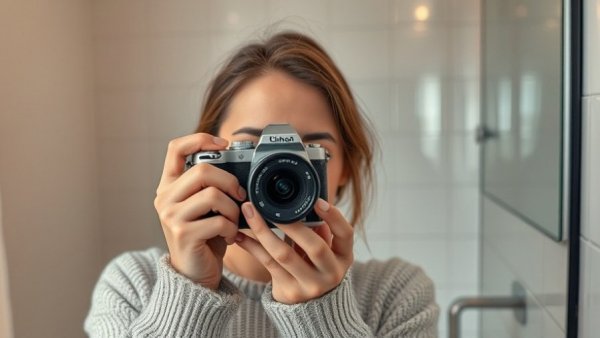 Thoughtful woman with camera in minimalist bathroom, Ann Arbor neighborhood guides.