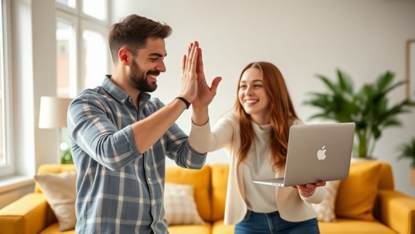 Couple celebrating successful tax filing extensions in living room.