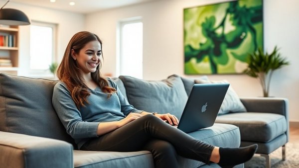 Woman using a laptop on a couch with a green painting, TurboTax on Claude.