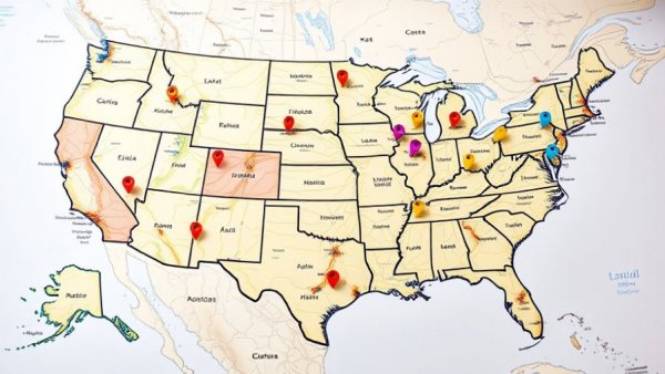 Map illustrating remote work and state taxes concept.