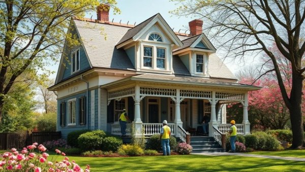 Workers repairing Victorian house roof, symbolizing protect equity in real estate.