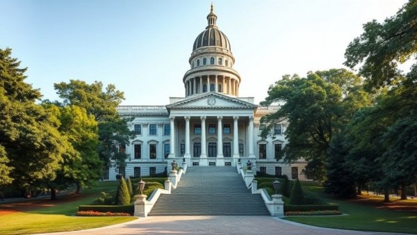 Maine Capitol Building, related to Maine millionaire's tax, with lush greens.