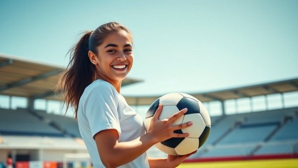 Young female soccer player smiling with soccer ball on sunny field, State Taxes on NIL Pay.