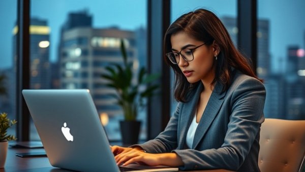 Focused young woman working at night on laptop in office, No Tax on Overtime deduction.