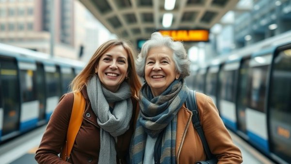 Two women smiling at transit station; California Inflation Relief.