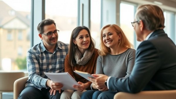 Friendly couple consulting financial advisor about Asset Protection Trust vs Living Trust in modern office.