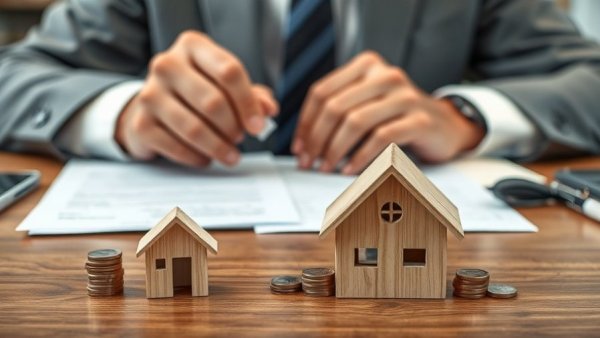 Businessman stamping real estate documents with house model and coins, symbolizing private money lending for real estate.