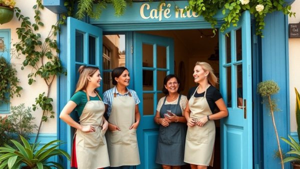 Two women in aprons at café entrance, optimizing tax deductions scene.
