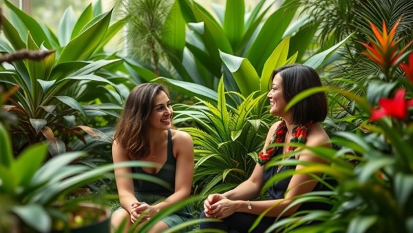 Two women discussing in a lush plant shop, highlighting collaboration in small business.