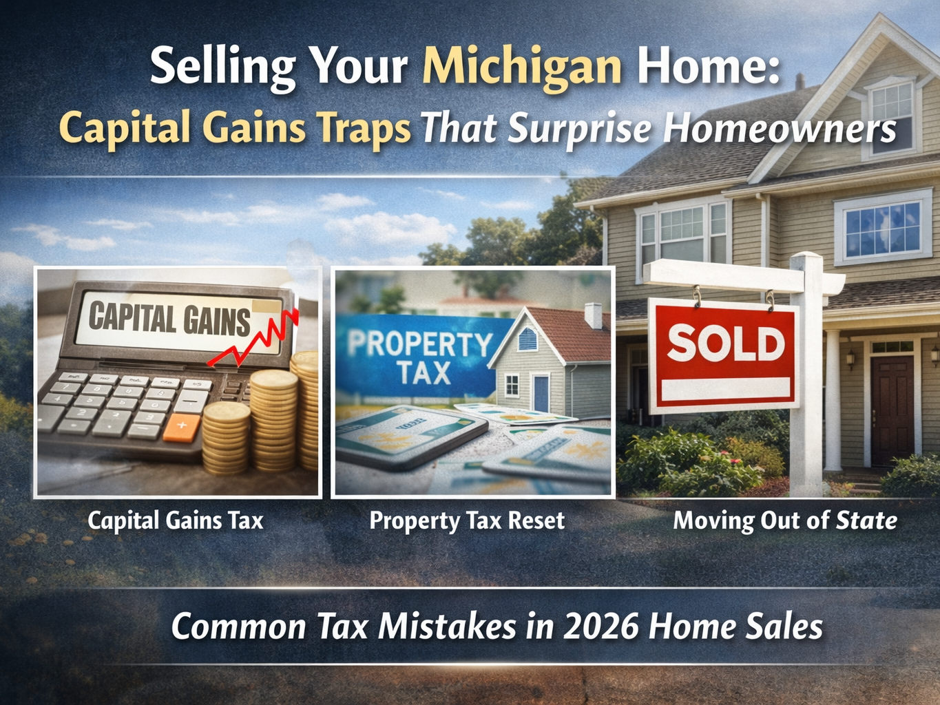 Illustration of a Michigan home with a “Sold” sign and graphics representing capital gains tax, property tax reset, and moving out-of-state tax issues for homeowners selling property.