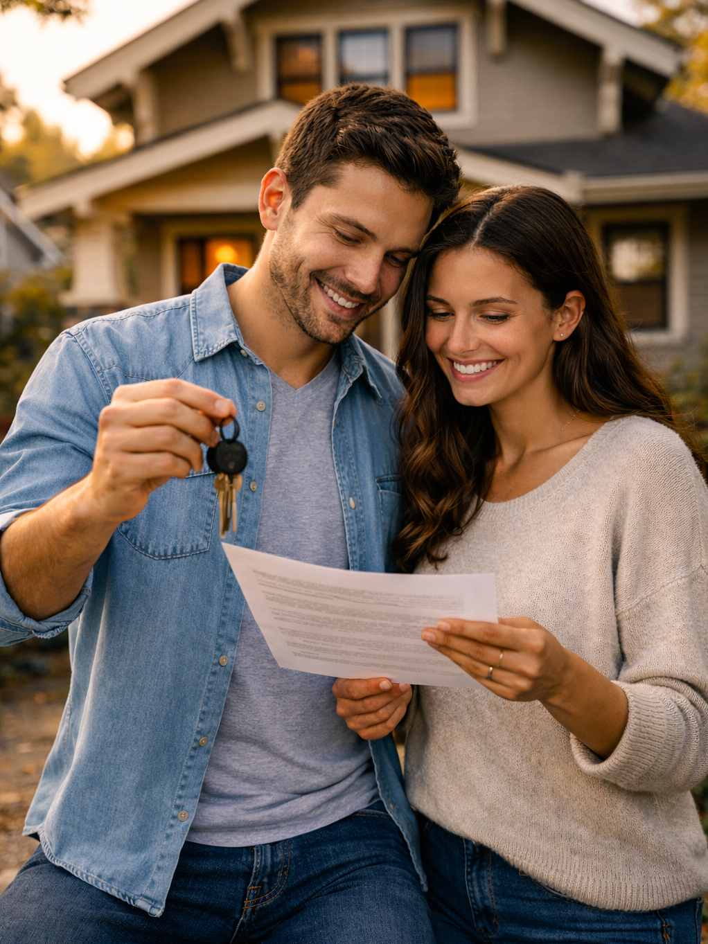 Young couple reviewing paperwork and holding house keys outside their first home after closing