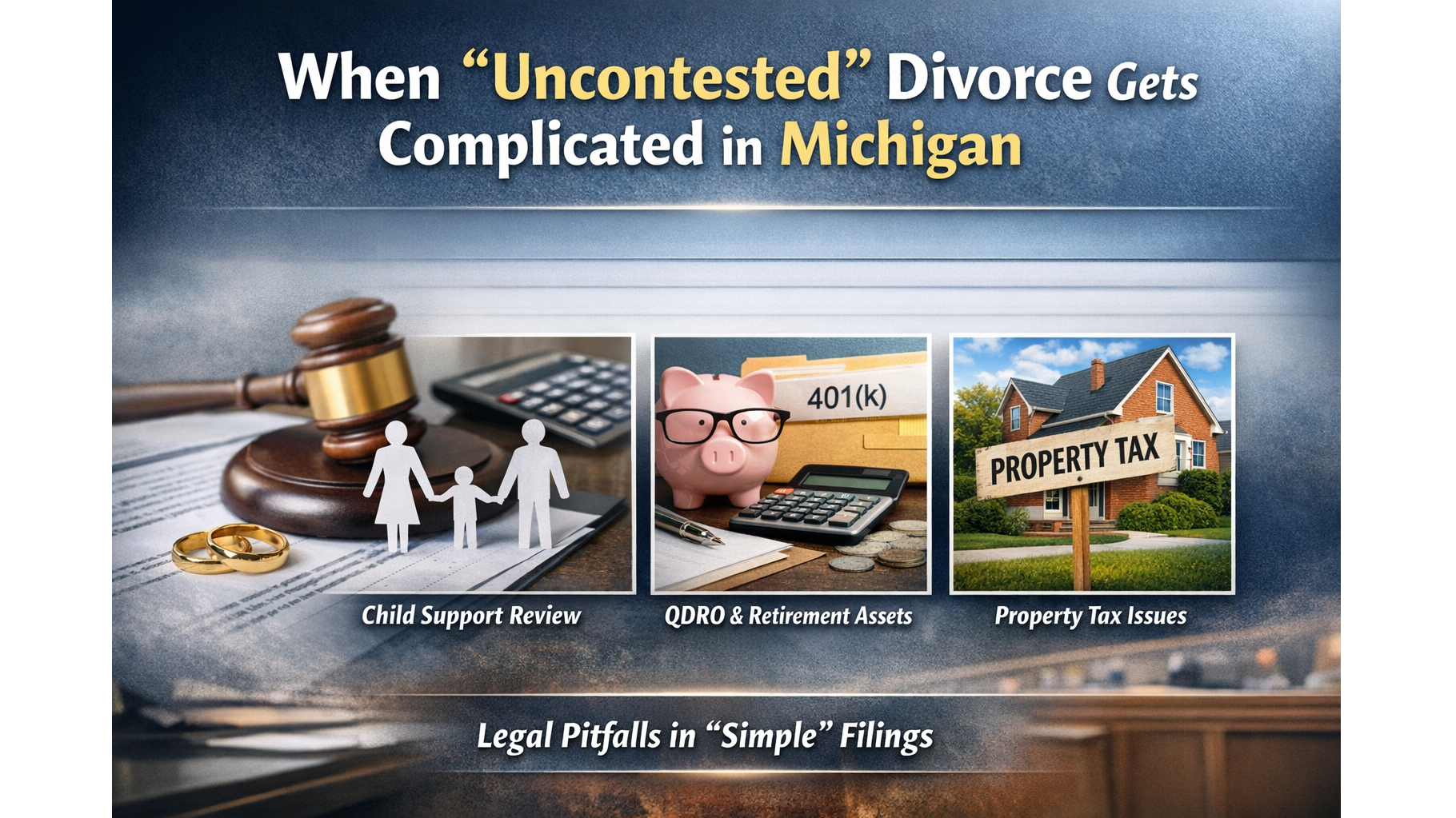 “When Uncontested Divorce Gets Complicated in Michigan” showing wedding rings, divorce paperwork, a gavel, child support figures, retirement account (401k) documents, and a home with a property tax sign representing legal and financial complications in Michigan divorce cases.