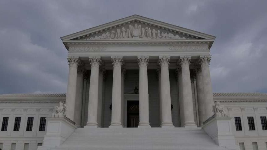 Split image of Supreme Court facade and man speaking on tariffs.