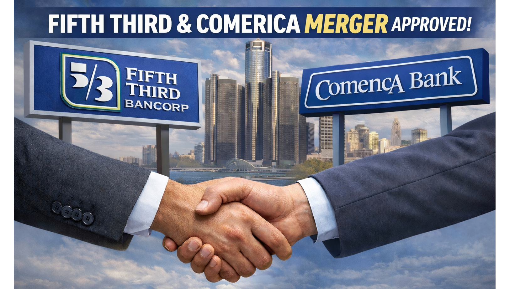 Fifth Third Comerica Merger: Bank signs of Comerica and Fifth Third.