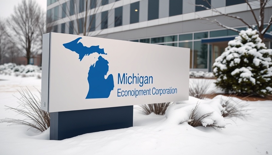 Michigan Economic Development Corporation sign in snowy winter setting.