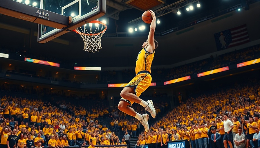 Basketball player performing a dunk in a crowded arena, showcasing energetic play.