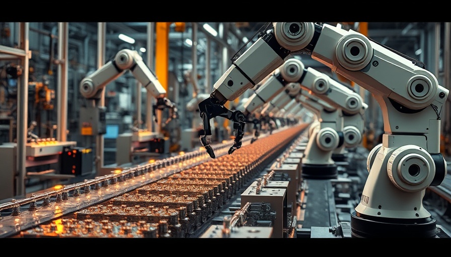 Futuristic factory scene with robots and machinery.
