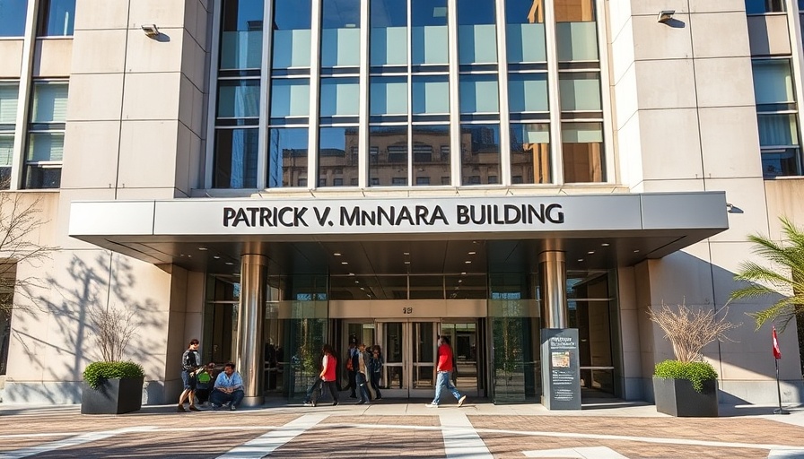Patrick V. McNamara Federal Building entrance with people exiting.