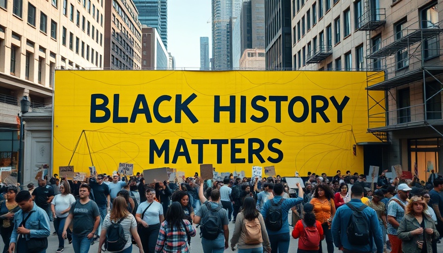 Protest with 'Black History Matters' mural on city street.