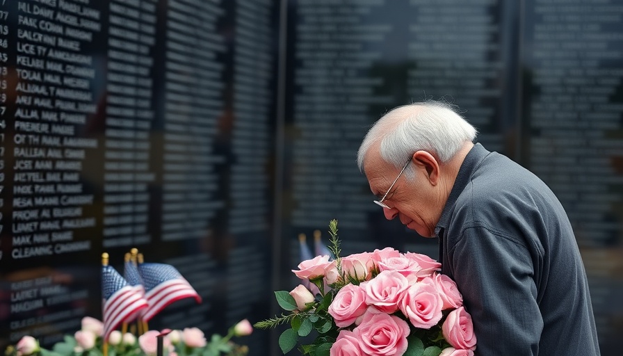 Emotional tribute at 9/11 memorial with flowers and flags.