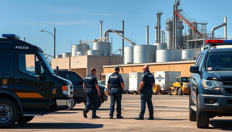 Police raid at New York food manufacturer with officers and vehicles.