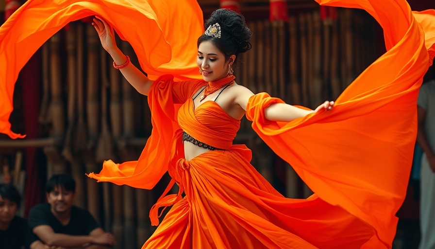 Michigan Renaissance Festival performer in vibrant orange costume dancing with flowing fabric.