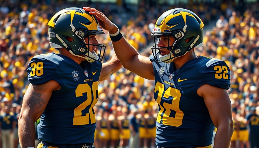 Michigan Wolverines players celebrating on the field showing strong performance.