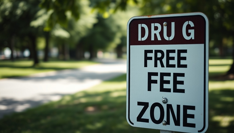 Drug Free Zone sign against a park background, highlighting Michigan cannabis legalization law.