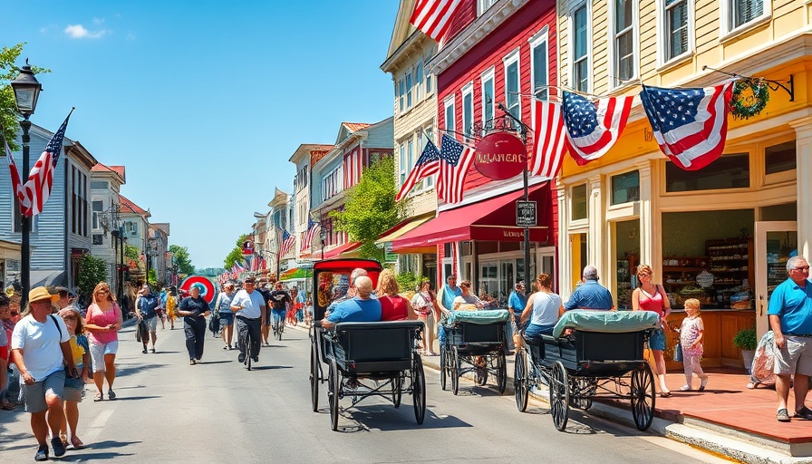 Colorful Mackinac Island street scene with tourists and carriages.