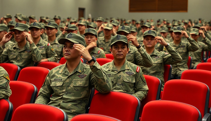 Military personnel in camo uniforms at an indoor assembly.