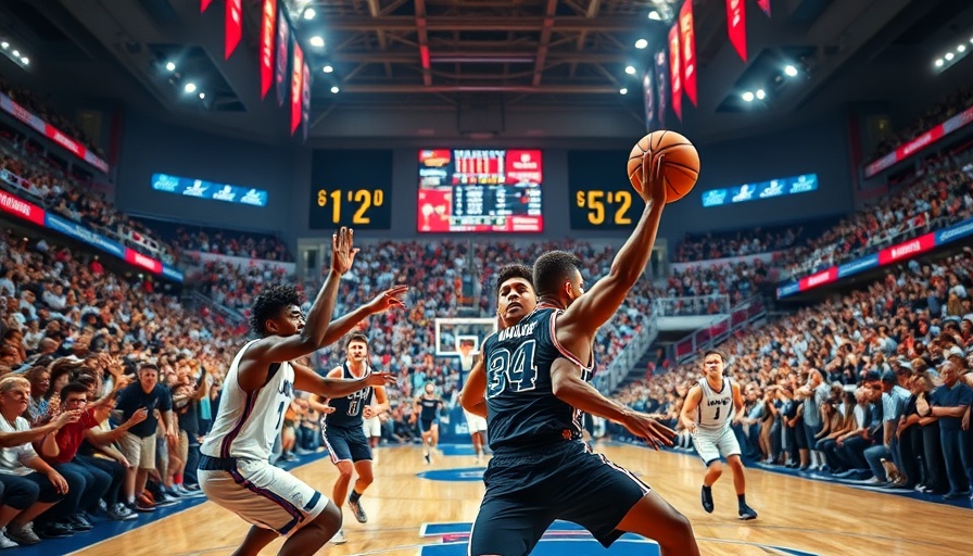 College basketball game action with vibrant crowd.