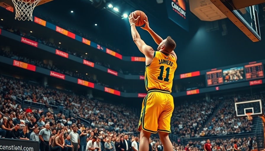 Basketball game action, player in yellow jumps shot, vibrant sports scene.