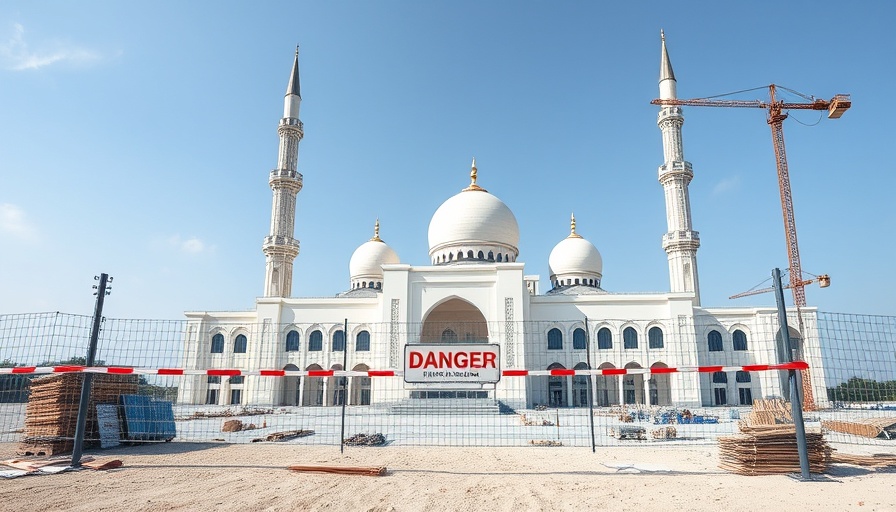 Under construction mosque in Warren fenced with warning sign indicating restricted access.