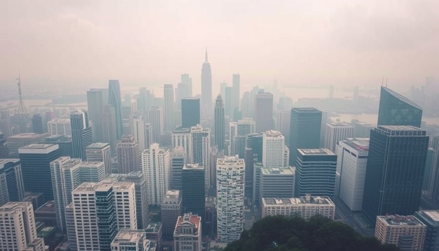Urban view with architectural landmarks, overcast haze.