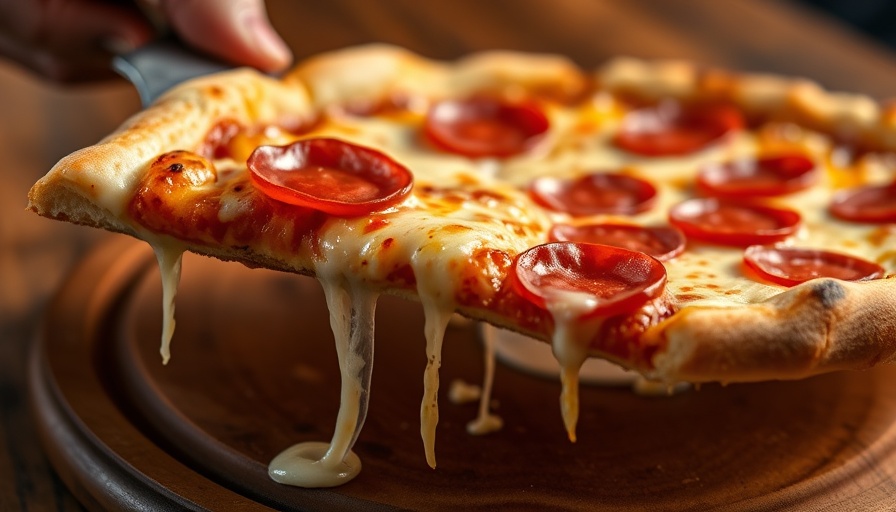 Close-up of melted cheese on a Detroit-style pizza being lifted.