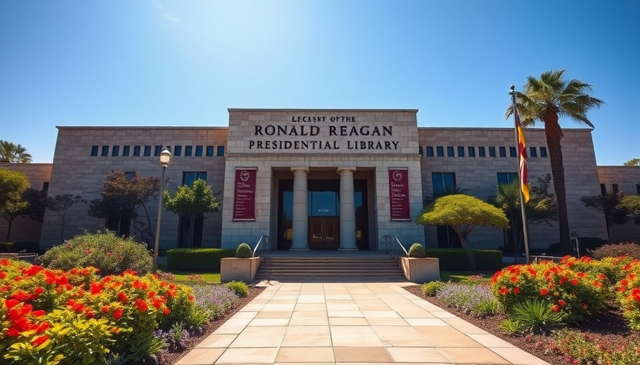 Entrance of Ronald Reagan Presidential Library on a sunny day.