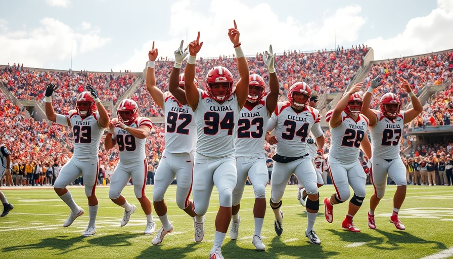 College football players in dynamic celebration during 2025 Oklahoma game