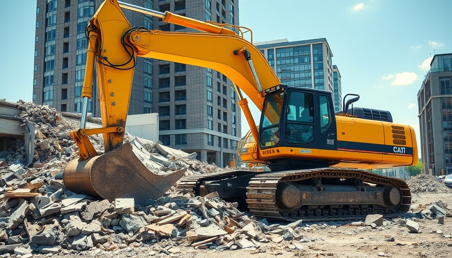 Detroit demolition site with large excavator and worker overseeing operations.