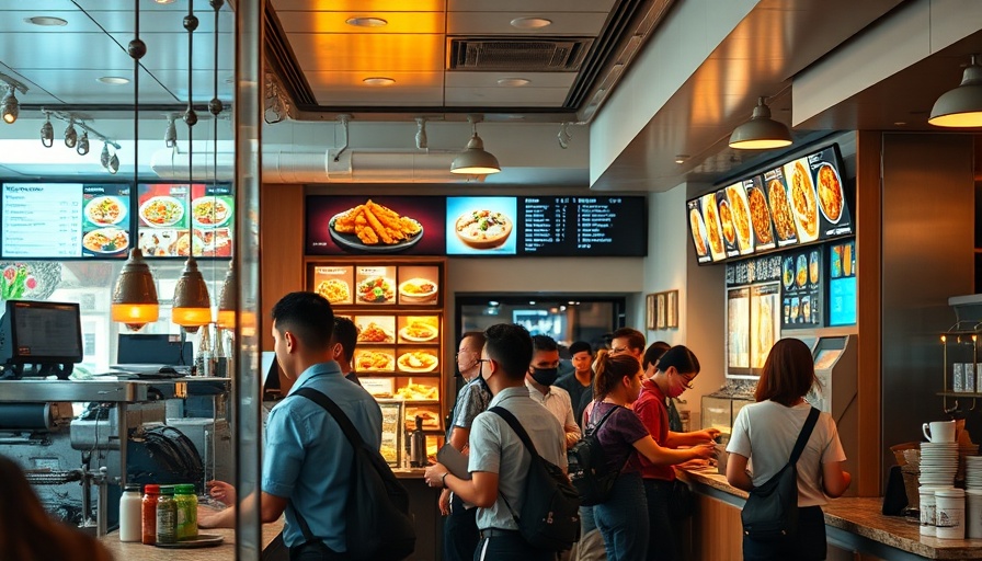 Busy cafe interior with dynamic reflections and colorful displays.
