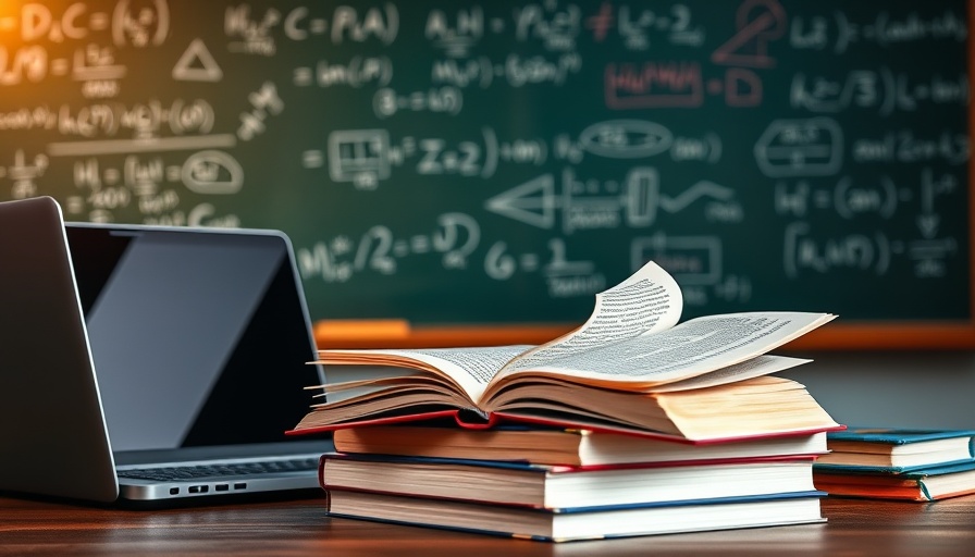 Open book and laptop on desk in front of math chalkboard, educational setting.