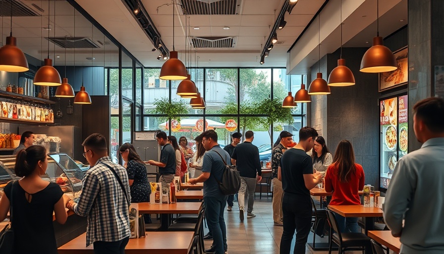Cafe scene capturing the lively atmosphere and vibrant food displays.