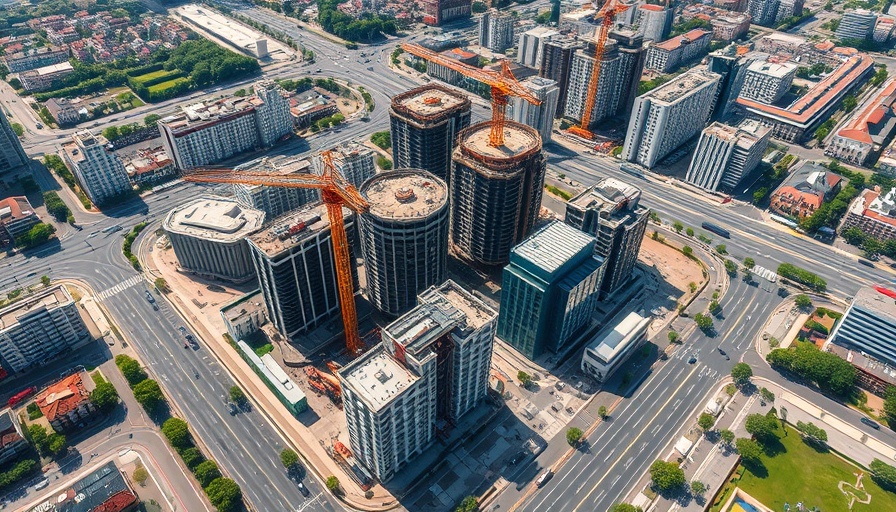 Urban construction site in Ann Arbor with cranes and buildings.
