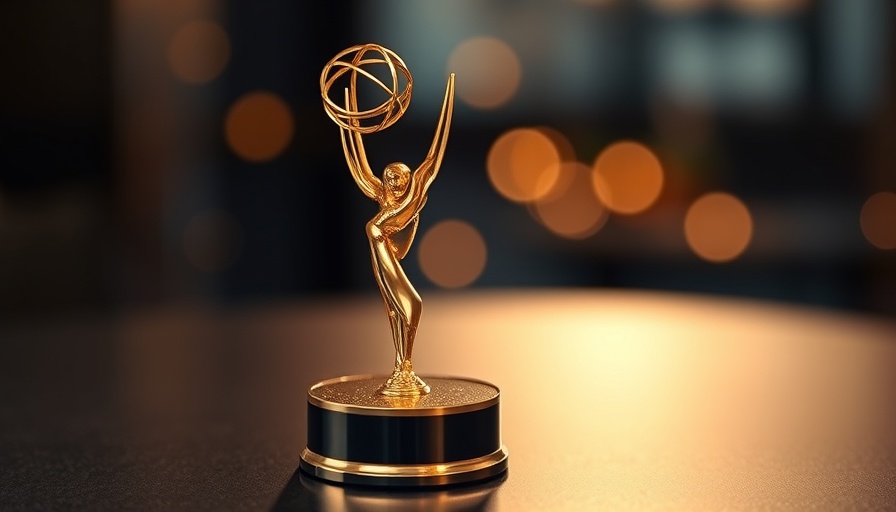 Shimmering Emmy Award statuette with blurred background bokeh.