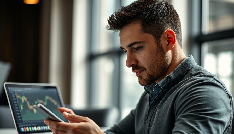 Man reviewing automated investing data on tablet in office setting.