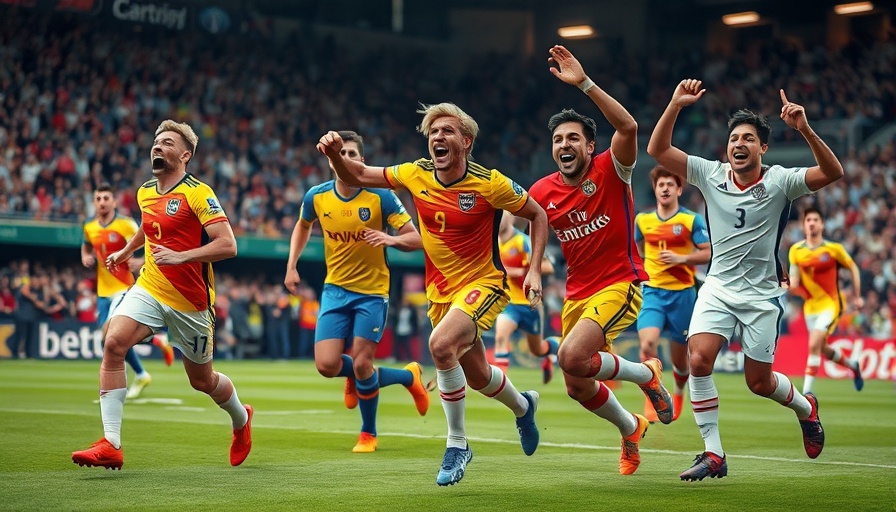 Football players celebrating victory at a stadium with dynamic energy.