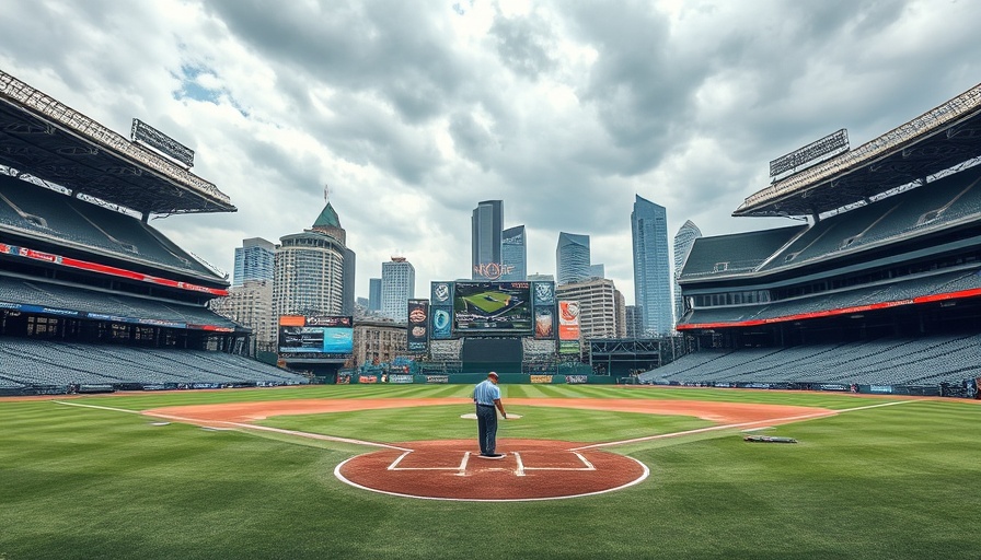 Spacious baseball stadium in Michigan with a worker, overcast sky.